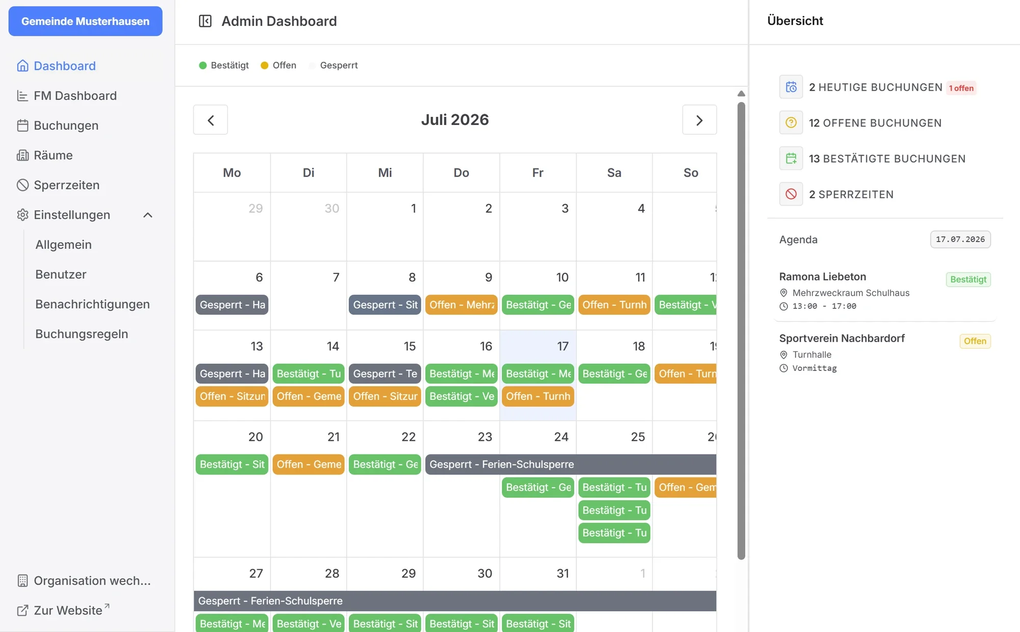 Admin-Dashboard in Ruum: Kalender, Status und offene Anfragen (Musterhausen)