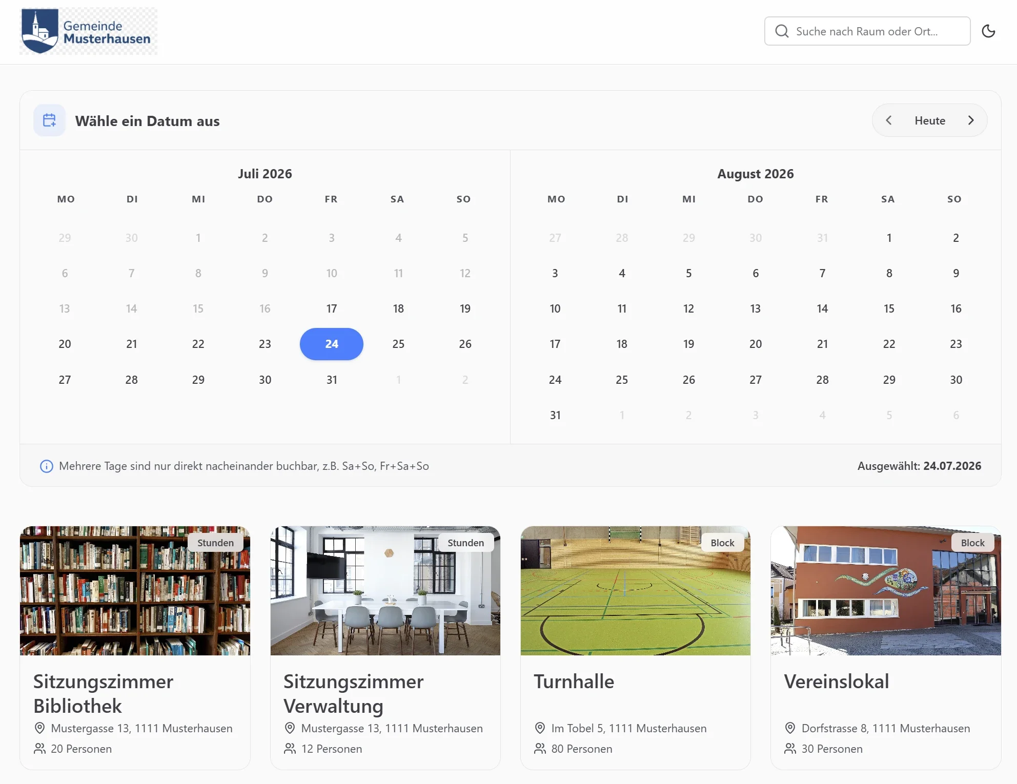 Öffentliche Buchungsseite in Ruum: Kalender und verfügbare Räume mit Bildern (Musterhausen)