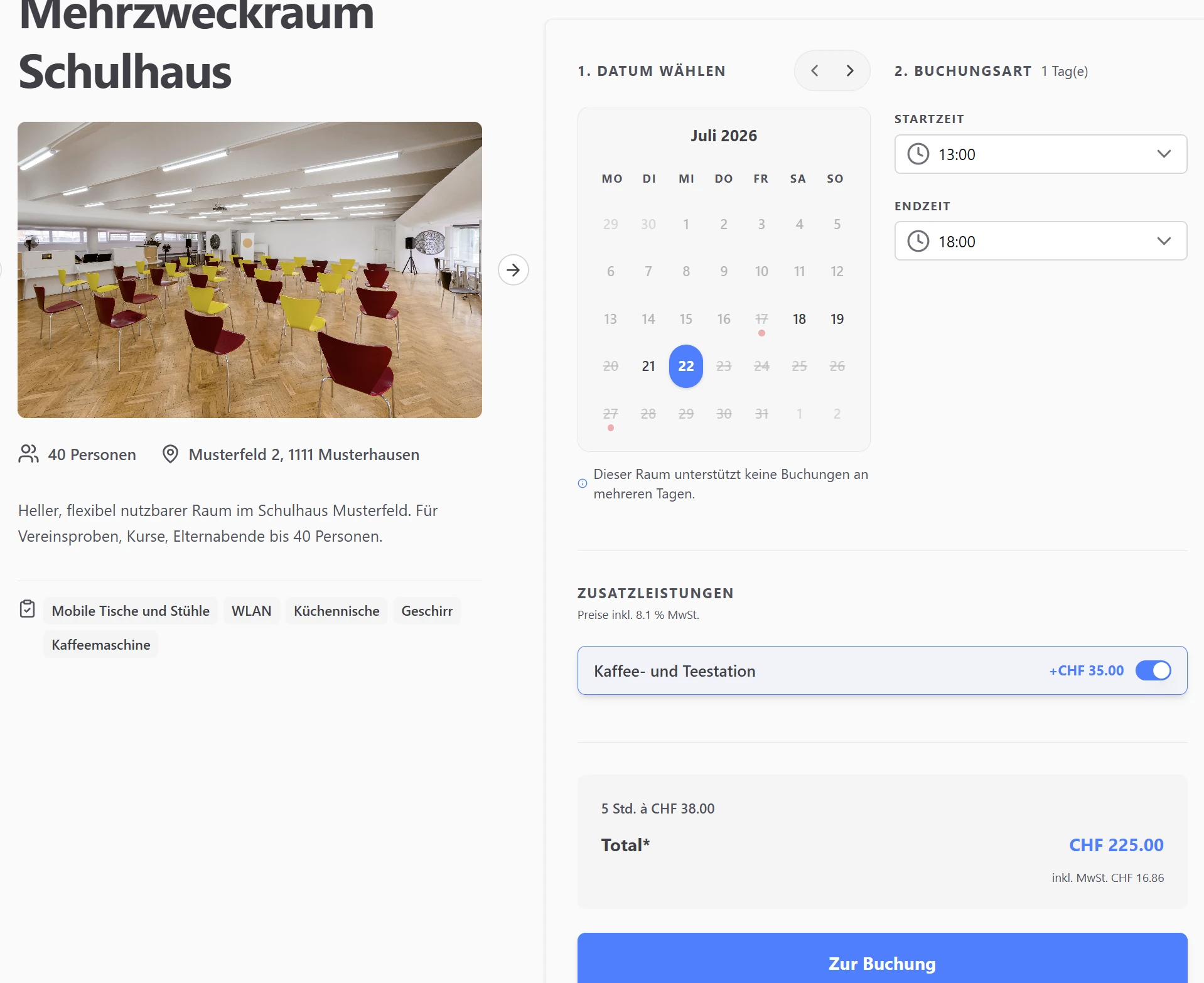 Öffentliche Raumbuchung in Ruum — Datum, Zeiten und Zusatzleistungen