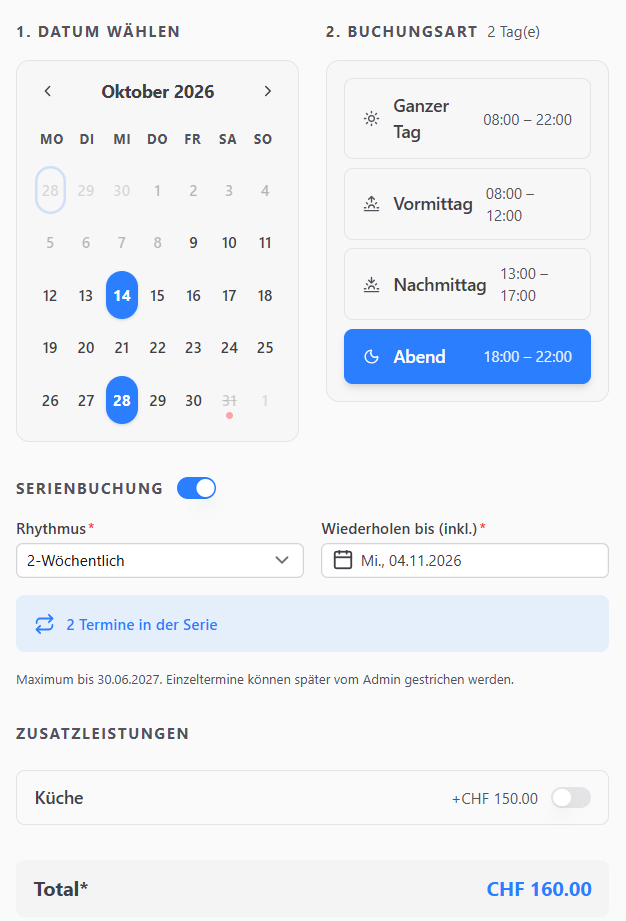 Serienbuchung in ruum: Rhythmus, Enddatum und Konfliktwahl
